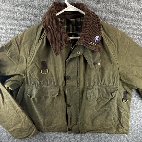 VTG Barbour Spey A130 Waxed Jacket Green Men Fishing Wasting Angler Pin Short